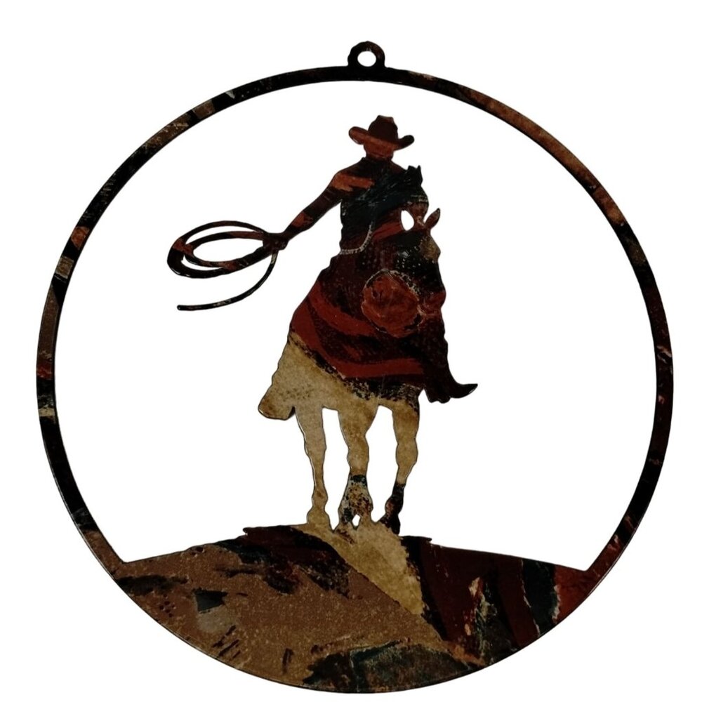 Lazart 8 inch Metal Etched Cowboy Motif Rustic Cabin Ranch Solo Rider